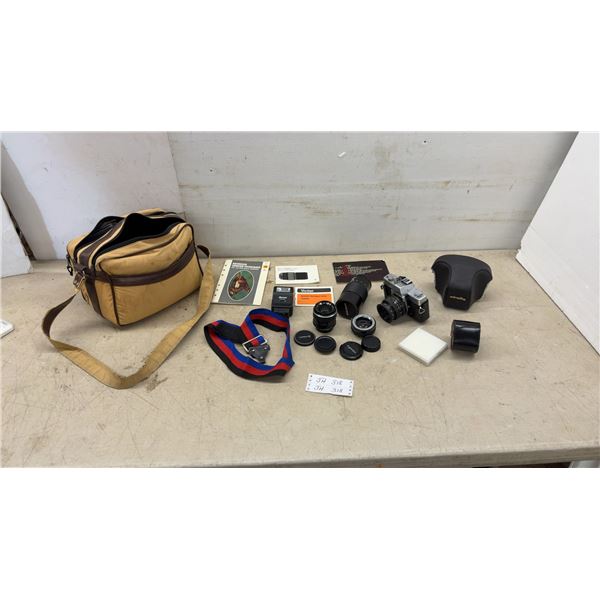 Minolta SRT 200 35mm SLR Camera with 50mm Lens, Soligor Telephoto, Sanwa Flash, Case