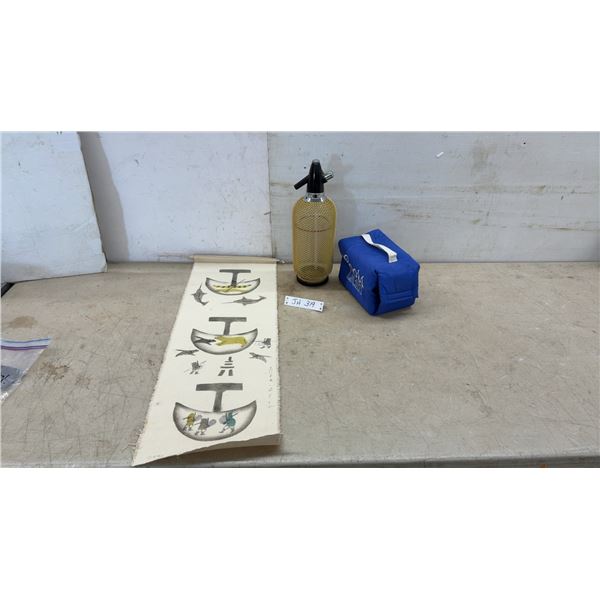 Inuit Textile Art by Gyta Eescemailie 2008, Vintage Seltzer Bottle, and Blue Insulated Coors