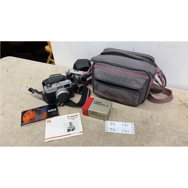 Canon Canonet 28 and Konica C35 Cameras, Canon Canolite D Flash, Manuals, and Bag
