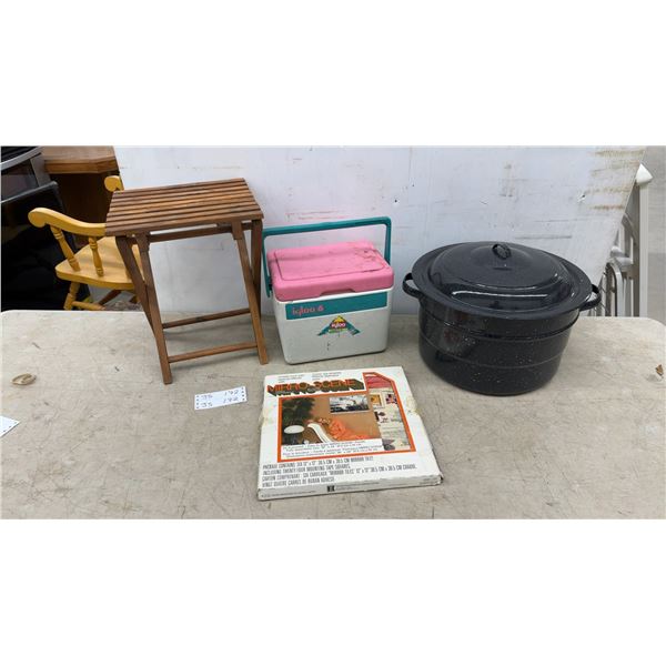 Igloo Cooler, Mirro-Scene Panels, Black Speckled Roaster Pot, and Wood Folding Table