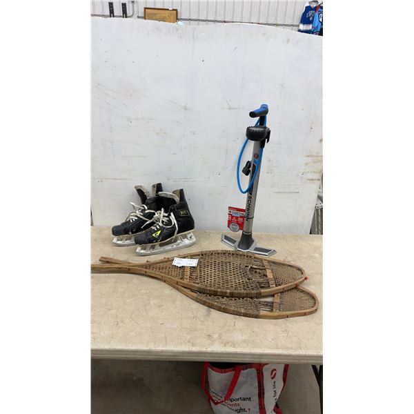 Schwinn Air Center Max Floor Pump, Pair of Ice Skates, and Pair of Snowshoes