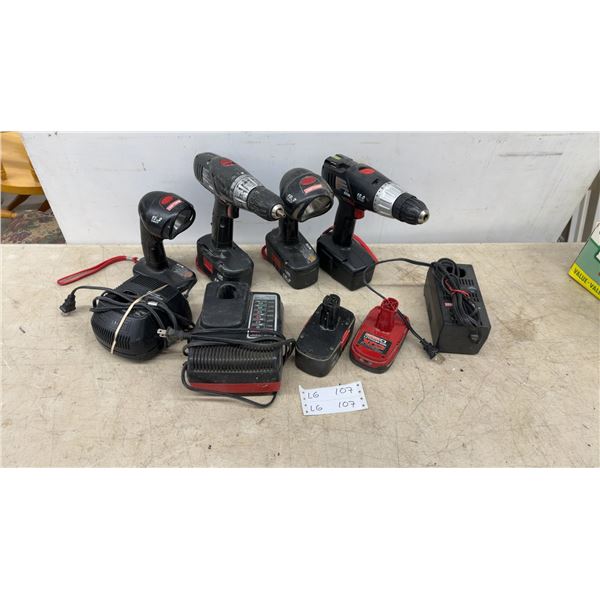Craftsman 19.2V and 18.0V Cordless Drills, 2 19.2V Lights, 3 Chargers (Not Tested)