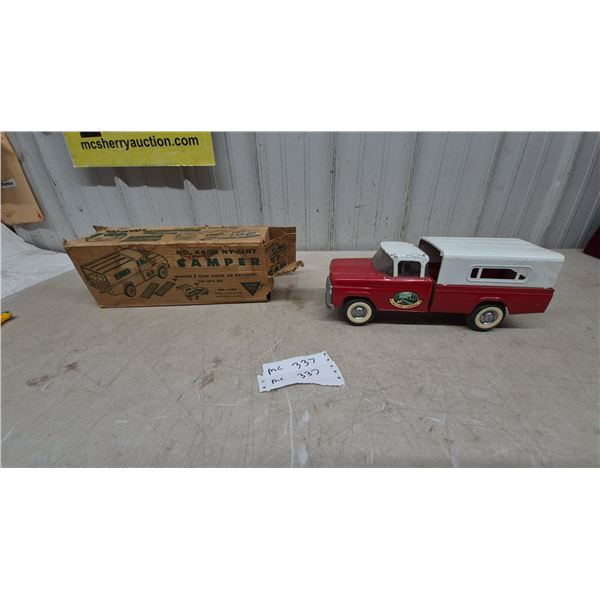 Ny-Lint No. 4400 Camper Pickup Truck, Red and White Pressed Steel, with Original Box. 13.6” early