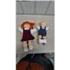 Image 1 : Two Cabbage Patch Kids Dolls: Red Hair Girl in Maroon Dress and Bald Boy in Denim Overalls. Vintage