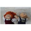Image 2 : Two Cabbage Patch Kids Dolls: Red Hair Girl in Maroon Dress and Bald Boy in Denim Overalls. Vintage