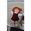 Image 4 : Two Cabbage Patch Kids Dolls: Red Hair Girl in Maroon Dress and Bald Boy in Denim Overalls. Vintage