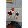 Image 6 : Two Cabbage Patch Kids Dolls: Red Hair Girl in Maroon Dress and Bald Boy in Denim Overalls. Vintage