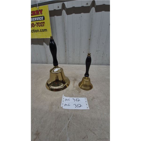 Two Brass Schoolhouse Hand Bells with Black Wood Handles