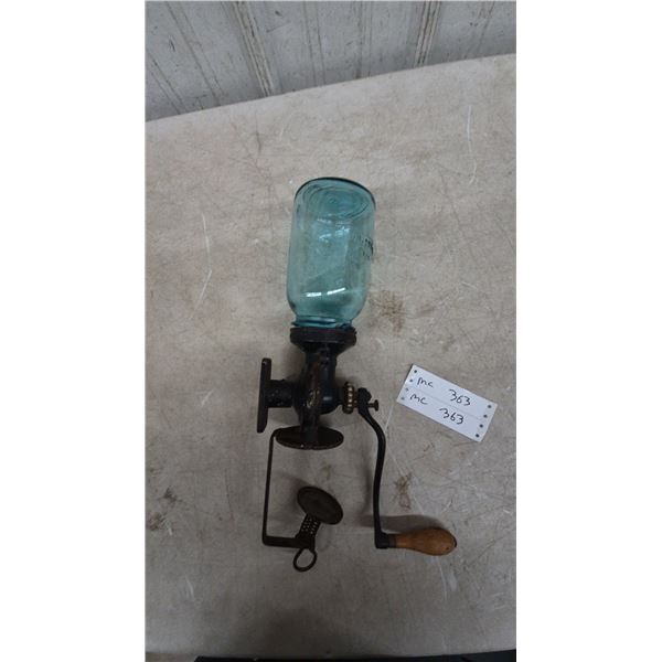 Universal Coffee Grinder with Blue Glass Jar and Crank Handle