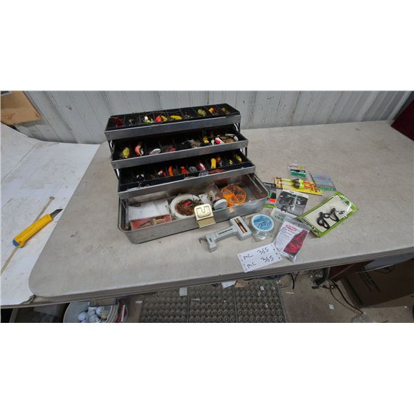 Vintage Aluminum Metal Tackle Box with Assorted Fishing Lures and Line