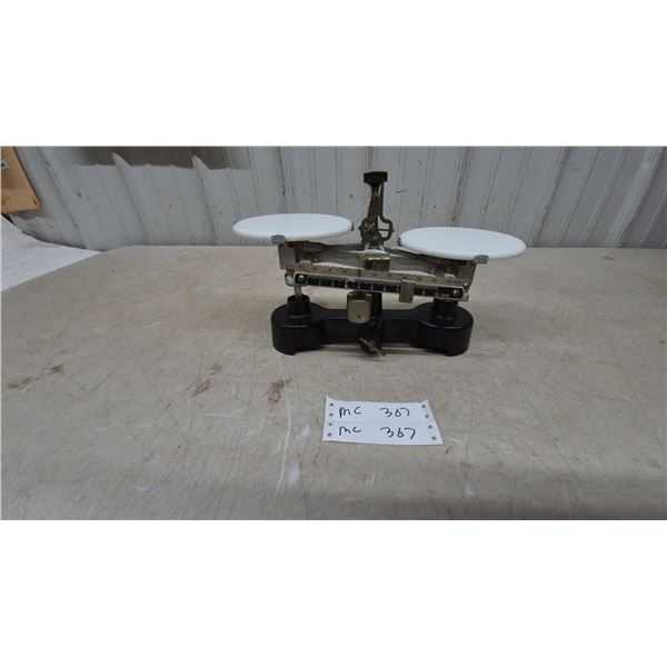 Vintage Ohaus Balance Scale with 2 White Porcelain Pans