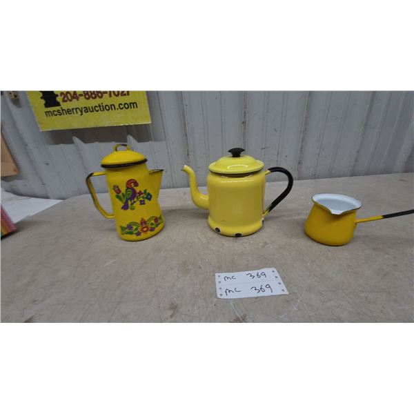 Three Yellow Enamelware Coffee Pots and Saucepan