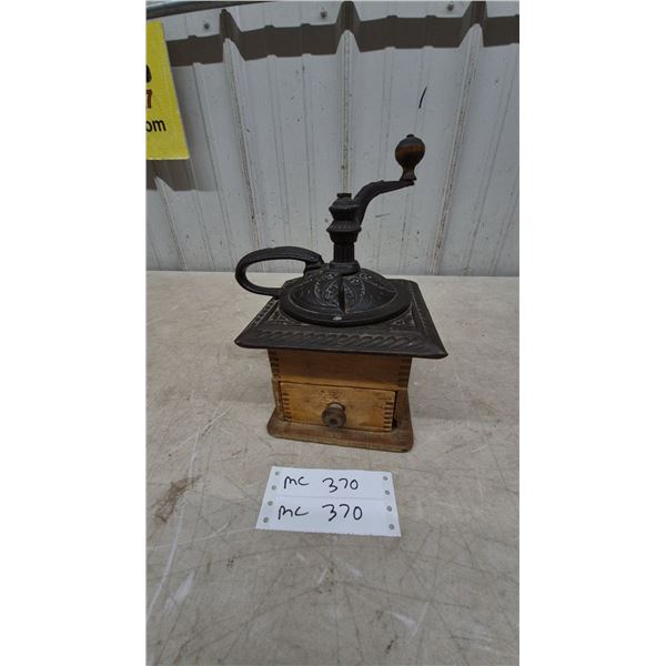 Antique Cast Iron and Wood Coffee Grinder with Drawer and Handle