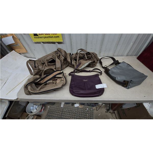 Coach Purple Leather Shoulder Bag, Gray Leather Shoulder Bag, and 3 Tan Leather Bags
