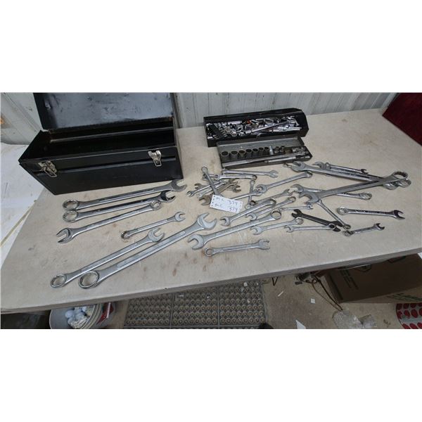 Large Lot of Wrenches and Sockets Including Craftsman and West Ward, and Metal tool box
