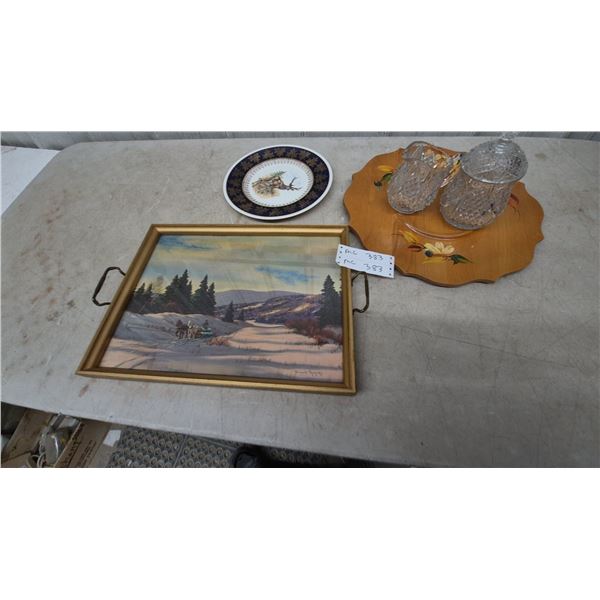 Donald Rogers Winter Landscape Tray, Solian Ware Deer Plate, and Wood Tray