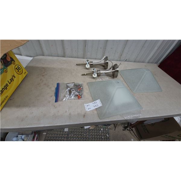 Two Brushed Nickel light fixtures with Frosted Glass Shades, Mounting Hardware