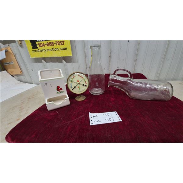 Vintage Conant Custom Brass Thermo-Hygrometer, Milk Bottle, and Glass Urinal Bottle