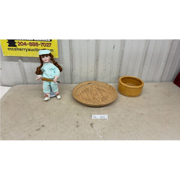 Miscellaneous Lot: Porcelain Doll Samantha, Handmade Bowl and Handmade serving tray