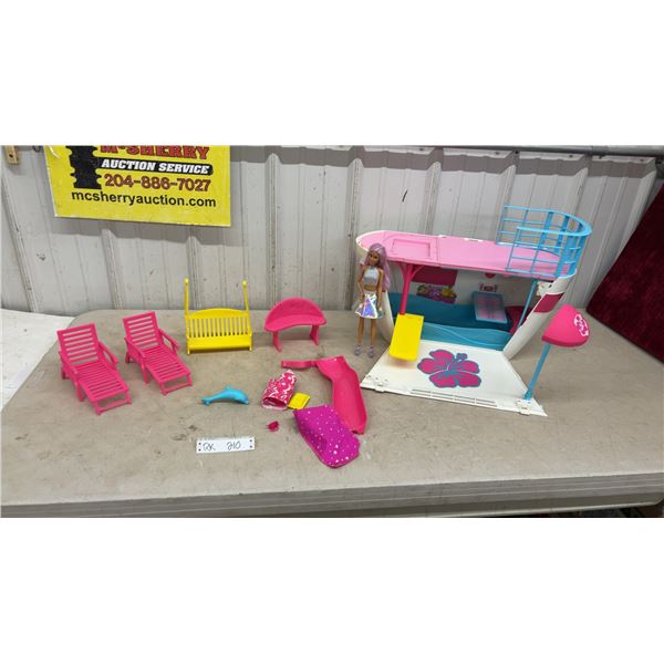Barbie Glam Vacation Boat Playset with Doll, Lounge Chairs, Swing, Dolphin