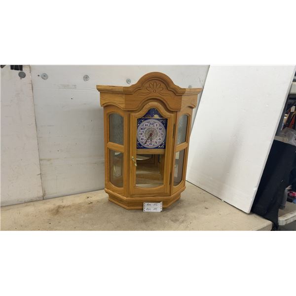 Light Oak Hexagonal Corner Wall Clock with Blue and White Face and Etched Glass Panels
