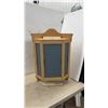 Image 2 : Light Oak Hexagonal Corner Wall Clock with Blue and White Face and Etched Glass Panels