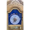 Image 6 : Light Oak Hexagonal Corner Wall Clock with Blue and White Face and Etched Glass Panels