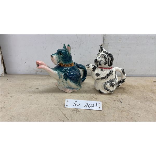 Pair of Vintage Figural Ceramic Dog Teapots, Blue Great Dane and Black and White Scottish Terrier