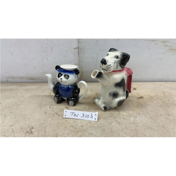 Vintage Staffordshire Figural Ceramic Sailor Panda Tea Pot and Dog With Pink Bow, 7 1/2” Tall