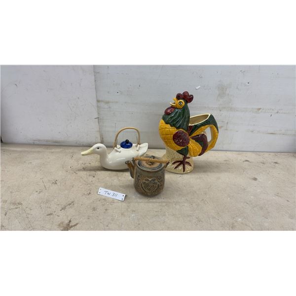 Ceramic Rooster Pitcher, Duck-Shaped Teapot with Bamboo Handle, and Rustic Frog Teapot