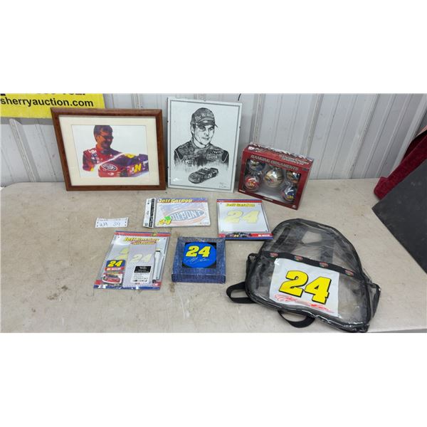 Jeff Gordon Memorabilia Lot: Framed Photo - 15.5” x 12.5”, Framed Sketch -11” x 14”, Backpack, CD