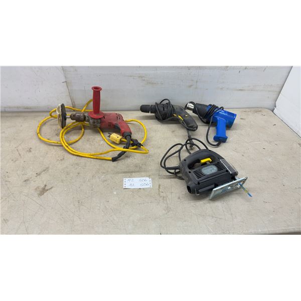 Power Tools: Trademaster 3/8” Drill, Heat Gun, Jigsaw, and Grinder Attachment