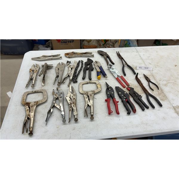 Assortment of Locking Pliers Including Vise-Grip C-Clamp, Curved Jaw, Long Nose, Tin Snips