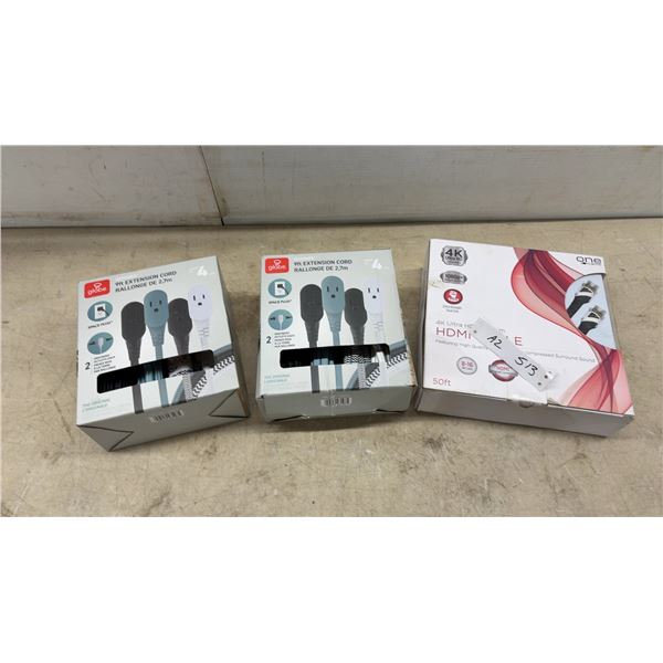 New Globe Designer 9ft Extension Cord 4-Packs and One Cable 4K Ultra HD 50ft HDMI Cable
