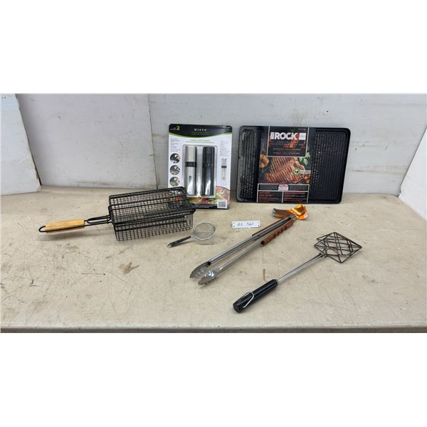 The Rock Pro Reversible Grill/Griddle, Misto Stainless Steel Sprayers 2, and BBQ Tools