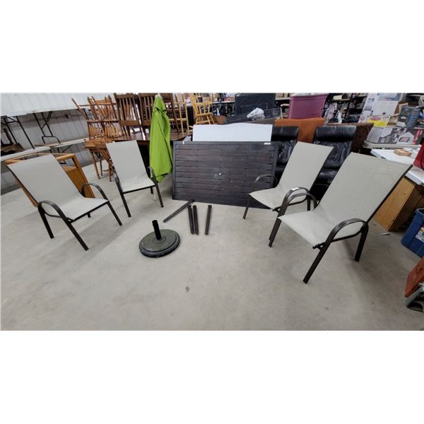 Patio Dining Set: Tabletop, 4 Chairs, Umbrella, and Base