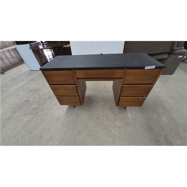 Mid-Century Modern Wood Desk with Black Top, 7 Drawers, and Brass-Tipped Legs 30”×49”×18”