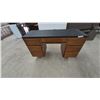 Image 1 : Mid-Century Modern Wood Desk with Black Top, 7 Drawers, and Brass-Tipped Legs 30”×49”×18”