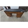 Image 4 : Mid-Century Modern Wood Desk with Black Top, 7 Drawers, and Brass-Tipped Legs 30”×49”×18”