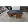 Image 6 : Mid-Century Modern Wood Desk with Black Top, 7 Drawers, and Brass-Tipped Legs 30”×49”×18”