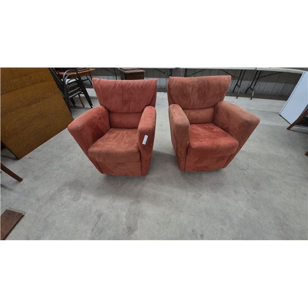 Pair of Burnt Orange Upholstered Swivel Armchairs, Microsuede