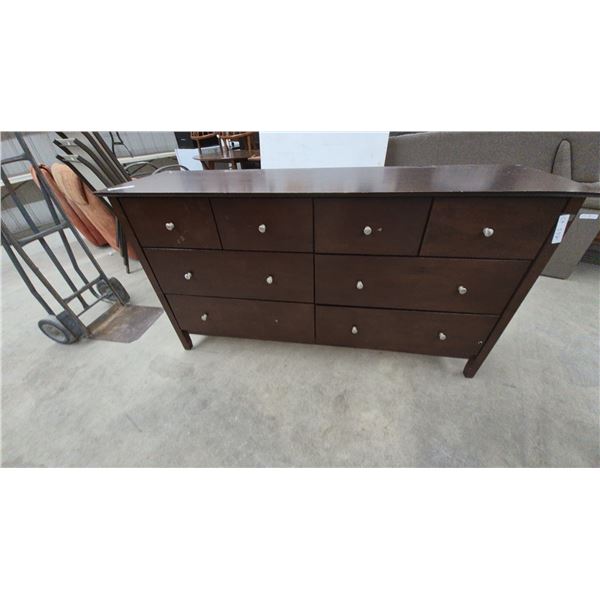 Dark Brown Wood Dresser with 8 Drawers and Metal Knobs. 34”×63”×17.6”