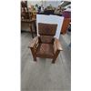 Image 2 : Oak Mission Style Morris Armchair with Adjustable Back and Upholstered Cushions