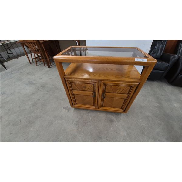 Oak and Glass Display Cabinet with Two Doors and Shelf. 34”×35”×18”