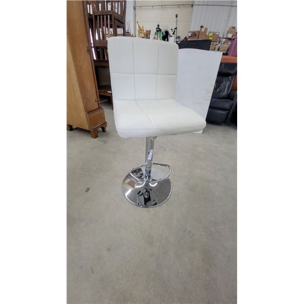 White Tufted Adjustable Bar Stool with Chrome Base and Footrest