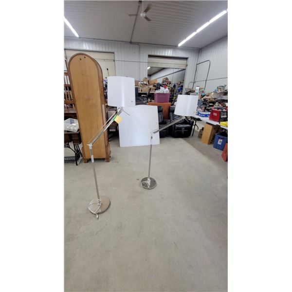 Pair of Adjustable Chrome Floor Lamps with White Shades