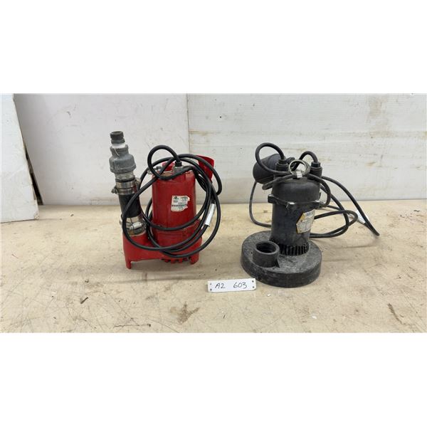 Two Sump Pumps, Bur-Cam 300500 1/3 HP Sump Pump, Red Pump, Unknown HP