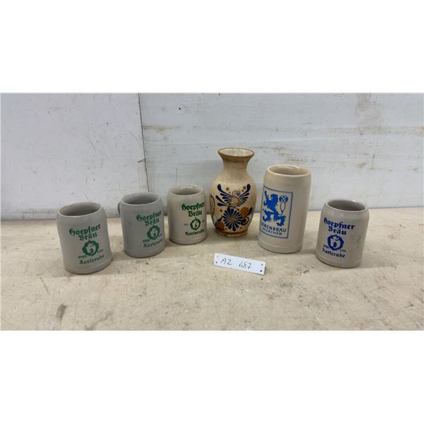 Löwenbräu München Stein, Hoepfner Bräu Karlsruhe Steins, and Stoneware Vase