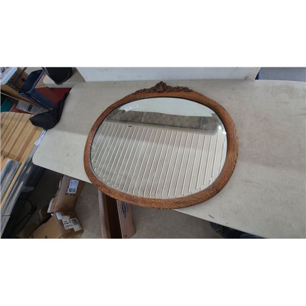 Oval Oak Wood-Framed Mirror with Carved Frame, 28”×32”