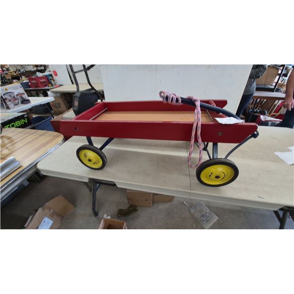 Red Wooden Wagon with Blue Handle and Yellow Wheels, Rope